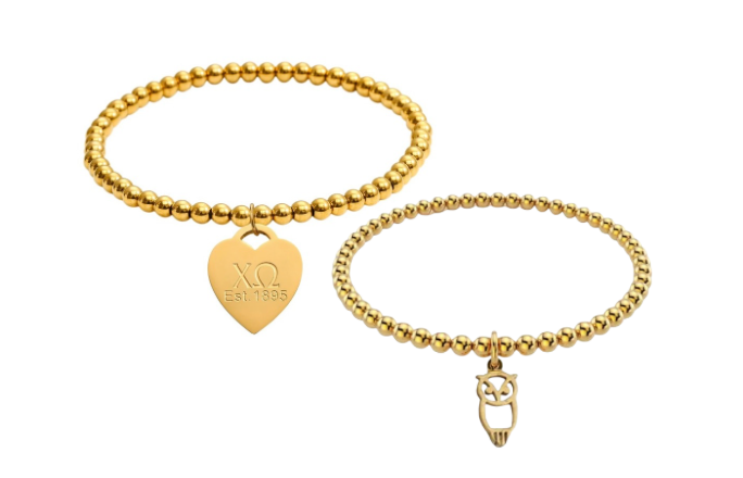 Chi Omega Gold Beaded Bracelet with Charm