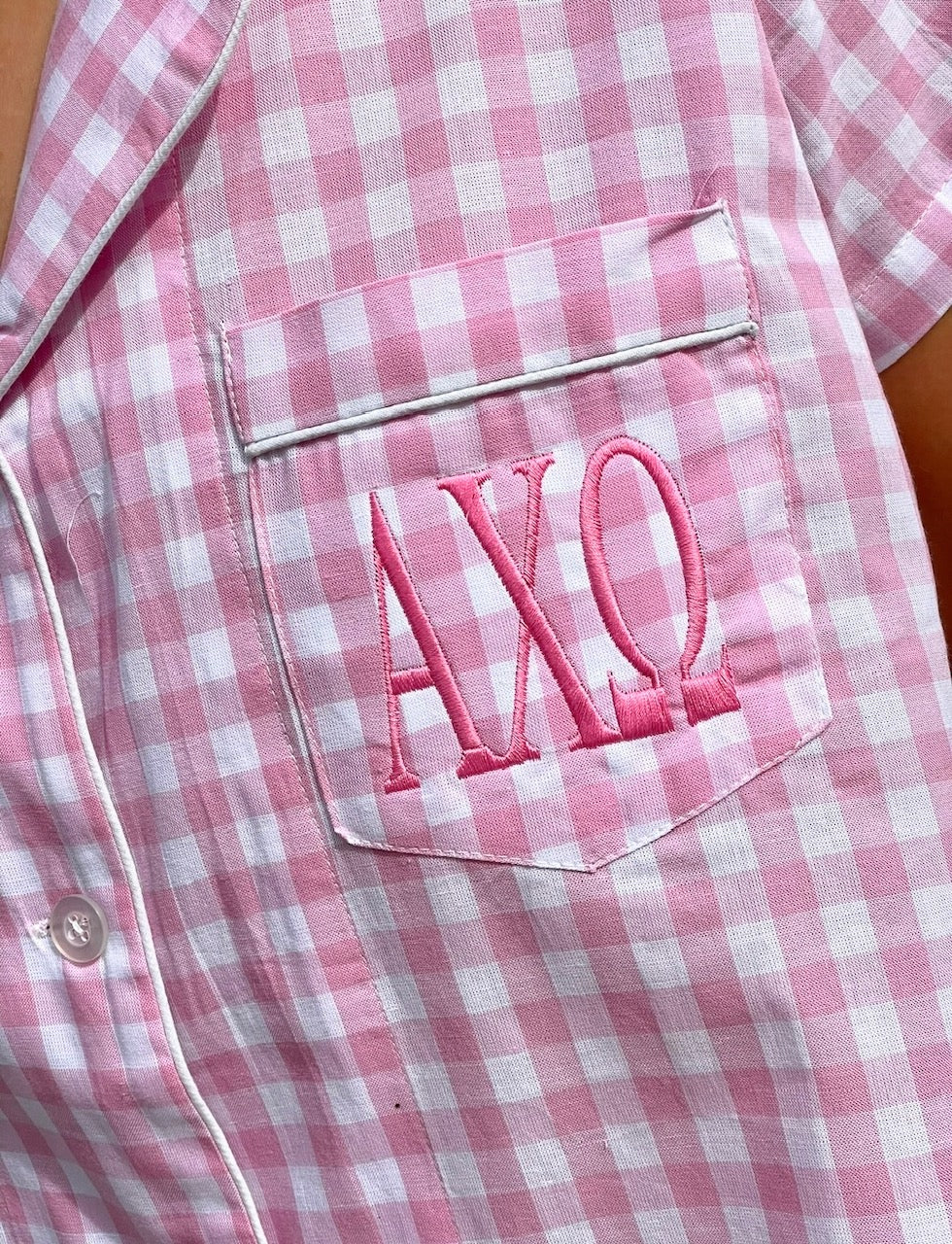 PJ Shorts Set Pink Gingham with Greek Letter Monogram