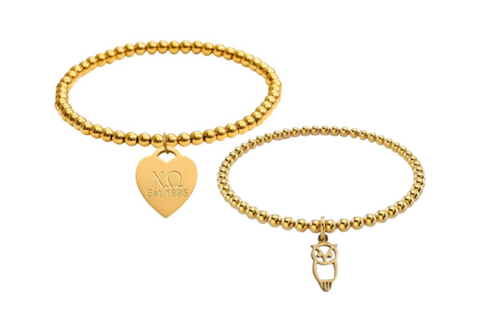 Chi Omega Gold Beaded Bracelet with Charm